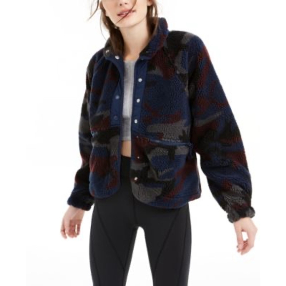 Free People FP Movement Rocky Ridge Camouflage Fleece Jacket Size Large Blue - Picture 1 of 8